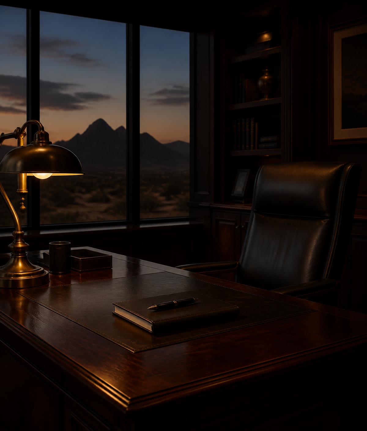 Quiet executive office at dusk with a desert mountain view