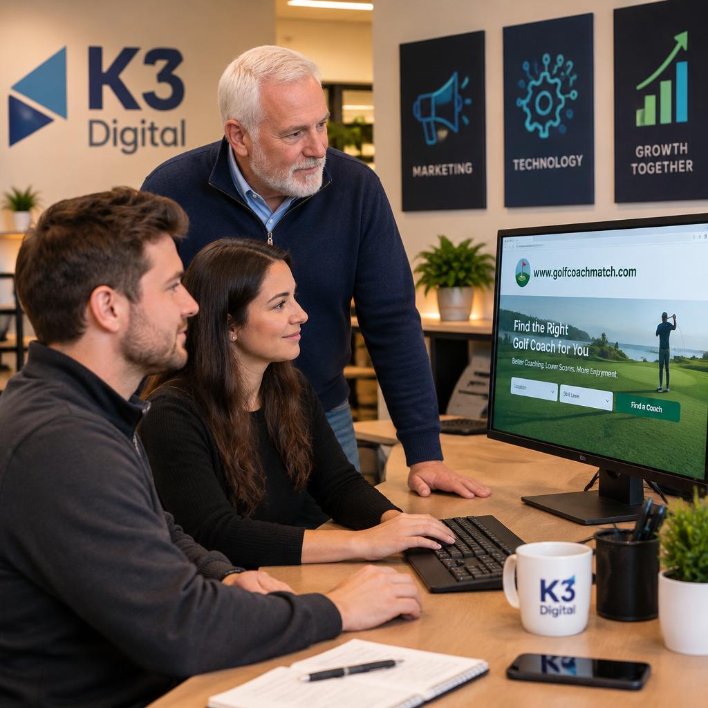 K3 Digital founder reviewing the Golf Coach Match website on a monitor with three team members