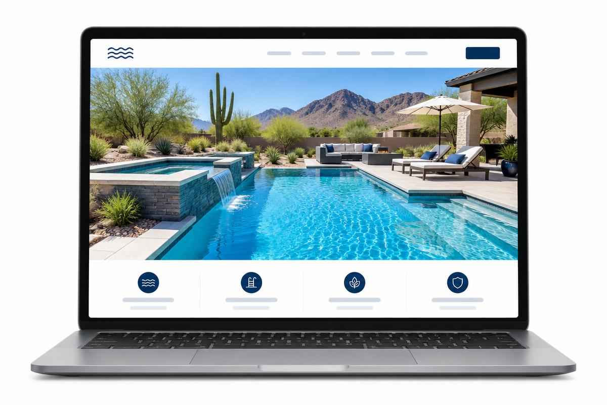 Laptop showing a preview of the upcoming pool construction and renovation website with a desert backyard pool